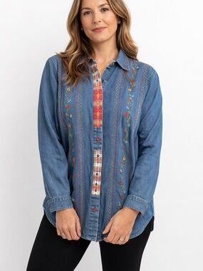 Bobbie Brooks Embroidered Denim Shirt Cottagecore Boho Whimsy size Med